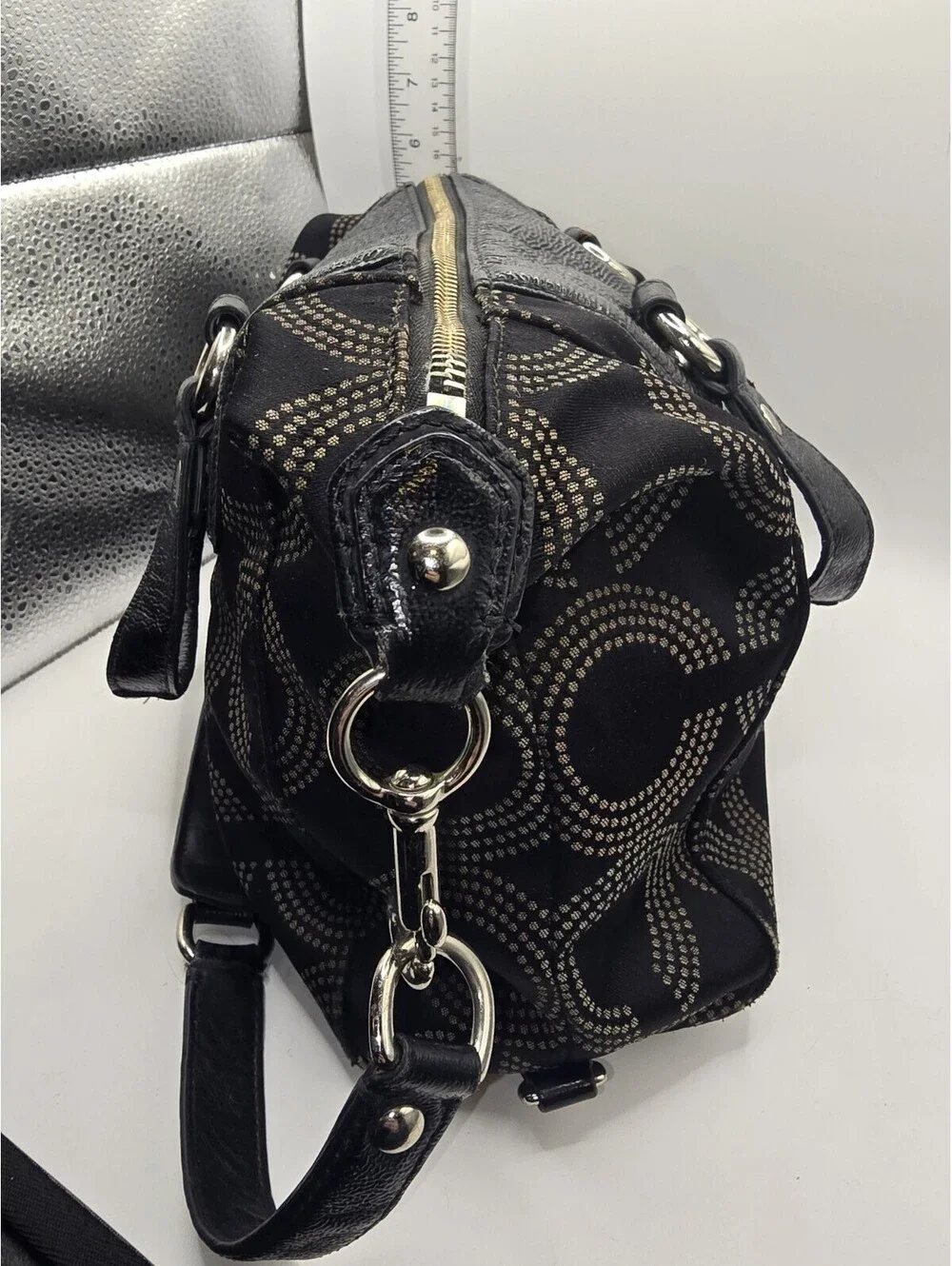Authentic Coach Ashley Dotted OP Art Satchel Hand Bag Purse F20027 Black